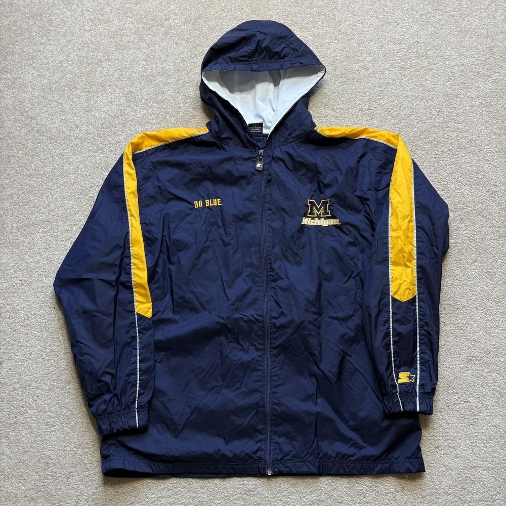 Vtg STARTER Michigan Wolverines Jacket Mens Large Blue NCAA Go Blue Windbreaker